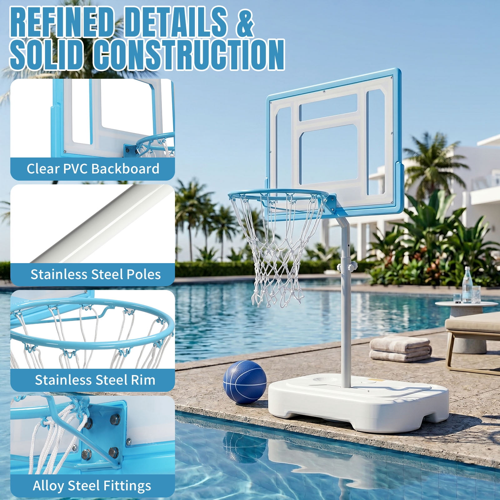 Ktaxon 32" Pool Basketball Hoop, 36-48 inch Adjustable Portable Poolside Basketball Goal Set with a Ball Outdoor Indoor