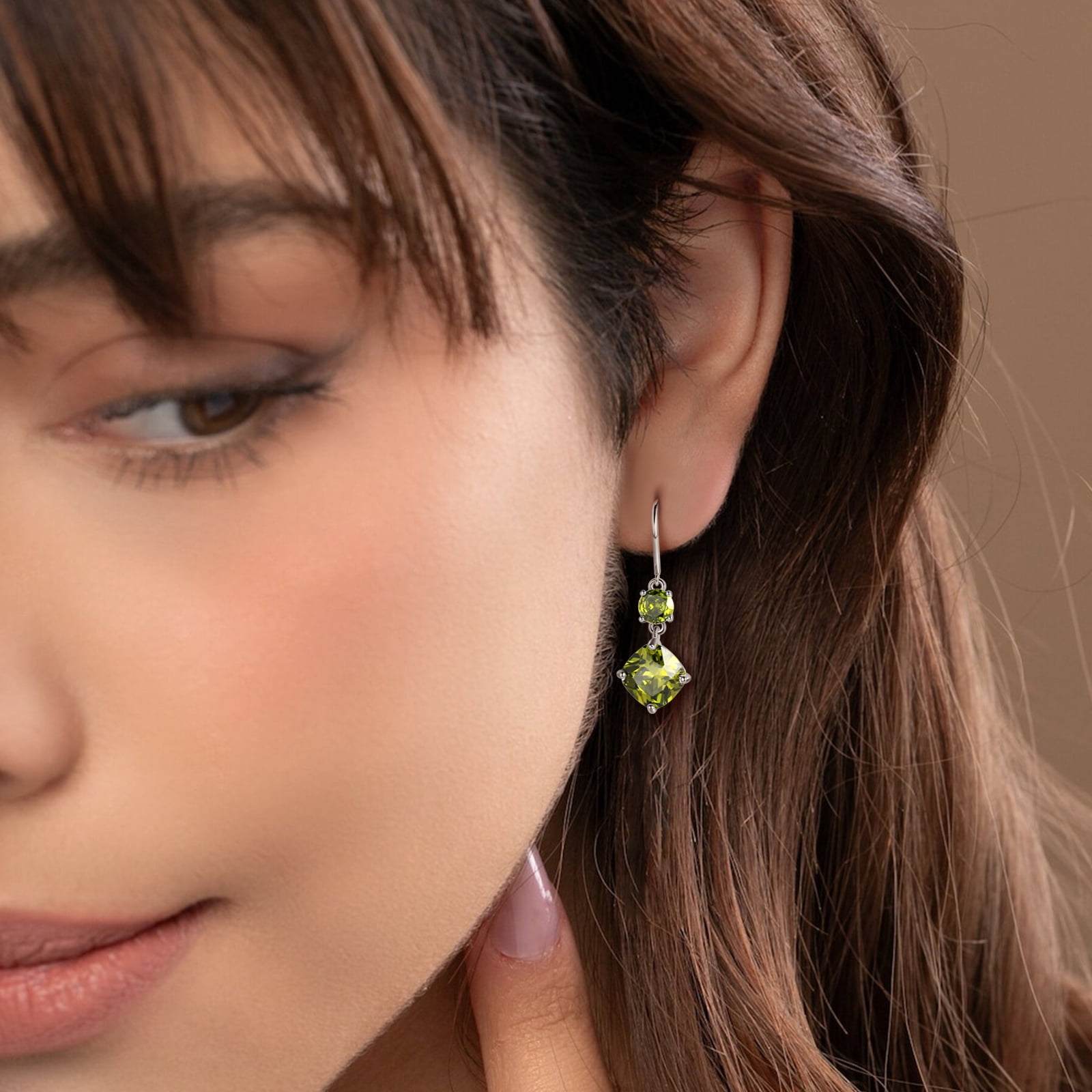Juwaliy August Birthstone Earrings Women 925 Sterling Silver Long Drop Earrings Peridot Cushion Crystal Jewelry Grandma Mother Christmas Birthday Gift