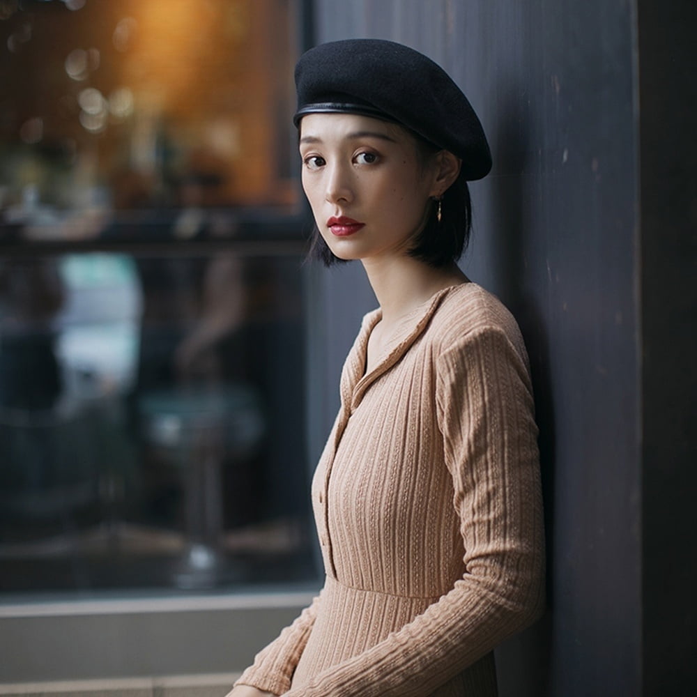 women Beret Hat Cap Leather Band 