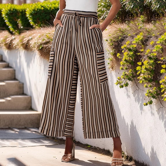 Stripe Wide Leg Sweatpants for Women Elastic Waist Drawstring Trousers Summer Lightweight Breathable Beach Pants