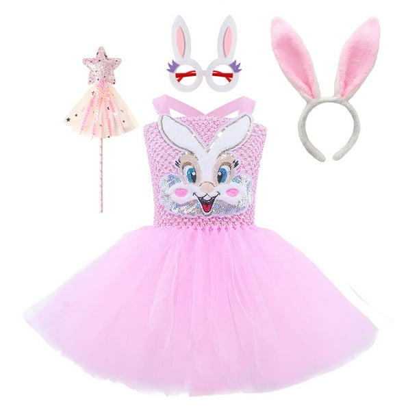 Vestido de Pascua para niñas pequeñas, vestido de tutú de tul de conejo bonito con orejas rosadas, disfraz de conejito de Cosplay para bebés y niños, fiesta de carnaval de cumpleaños 100(4-5T) Gao Jinjia LED