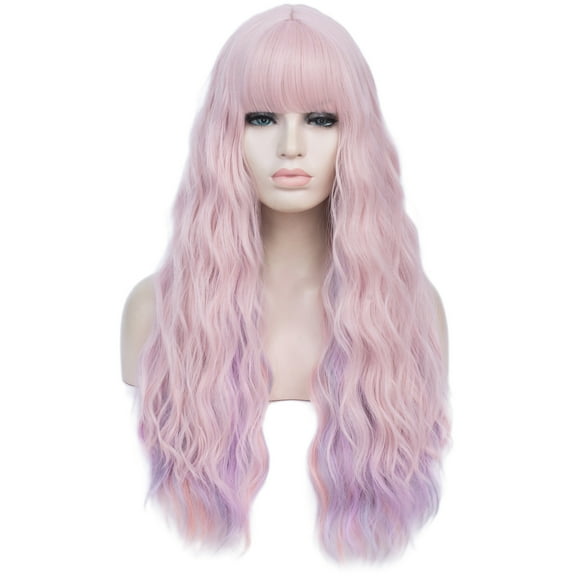Unique Bargains Wigs for Women 28" Pink Highlight Curly Wig with Wig Cap