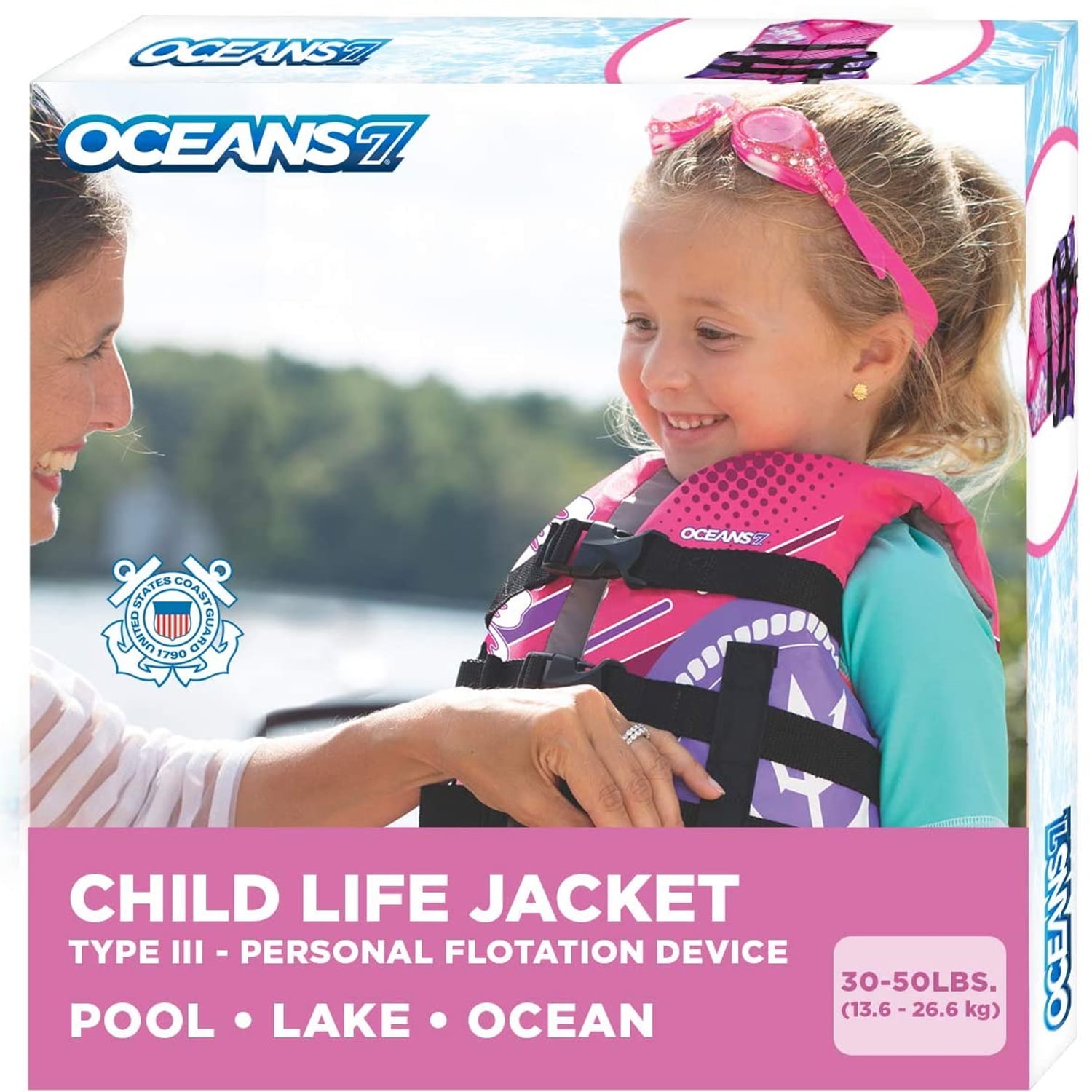 Oceans7 Child Open Side Life Vest, Durable, Easy Fit, 30-50 lbs, Pink/Purple