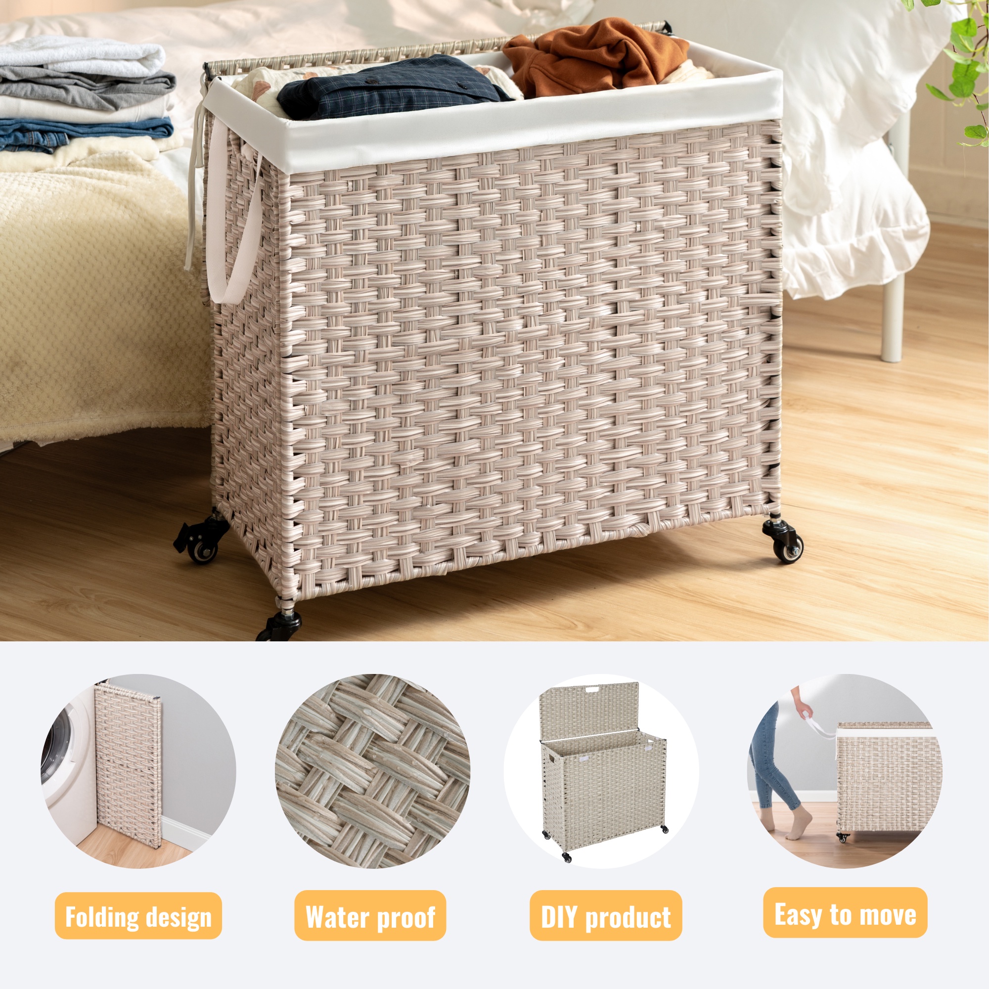 PORKISS Wheeled Laundry Basket with Lid, Laundry Hamper for PE Rattan, Waterproof Square Clothes Hamper with Removable Bags for Dorm Clothes Toy Storage, 42.26 Gal. Light Gray