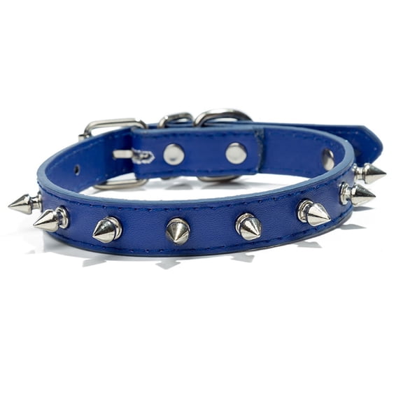 Mictong cat and dog collar inlaid with double-layer leather pet collar, PU leather dog collar with thorns, adjustable outdoor dog collar, blue, 1 piece