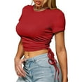 thumbnail image 2 of MESSUEN Cropped T Shirts for Women Tight Tops for Women Crew Neck Crop Drawstring Midriff Baring O Neck Solid Color Short Sleeve T Shirt Blouse Women T Shirts Womens T Shirts Red S, 2 of 7