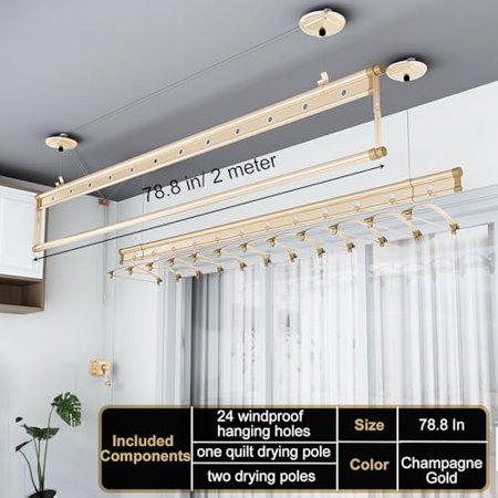 Ceiling Mounted Type Drying Clothes Rack for Home, Balcony Hand Cranked Lifting Airer, 78.8 Inches Long Three Poles Aluminium Alloy Clothing Dryer, Champagne Gold