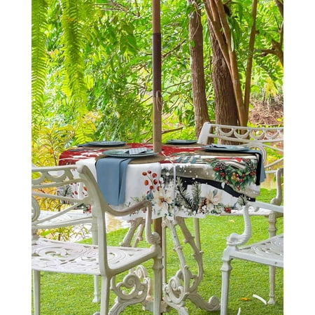 

Red Christmas Outdoor Tablecloth - 52x70 Inch Rectangle Dining Table Cover Snowman Truck Xmas Balls Snowflake Waterproof Outdoor Table Cloth with Umbrella Hole & Zipper for Picnic/Patio