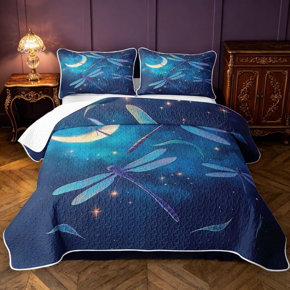 Manfei Cute Dragonflies Twin Quilt Set,Dreamy Moon Stars Galaxy Twin Coverlet Set,Deep Blue,Black Reversible,2-Piece,1 Bedspread and 1 Pillowcase