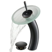 Tall Waterfall Bathroom Faucet for Vessel Sink with Frosted Glass Disk and Pop-Up Drain, Oil Rubbed Bronze Finish