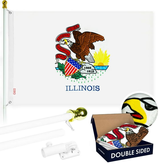 G128 - 6 Feet Tangle Free Spinning Flagpole (White) Illinois Double Sided Brass Grommets Embroidered 3x5 ft (Flag Included) Aluminum Flag Pole