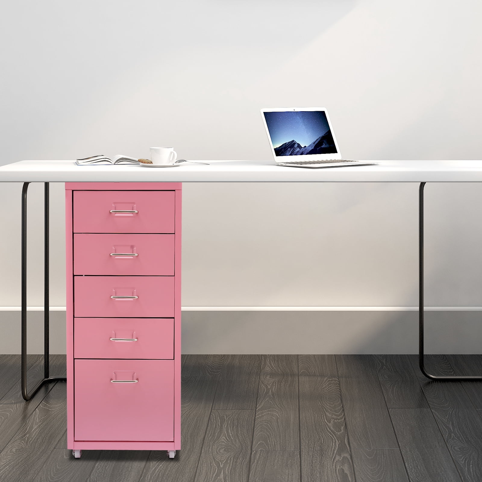 Fichiouy Metal File Storage Cabinet with Rubber Wheels 5-Drawer Storage Cabinet for Home Office 16" D x 11" W x 27" H