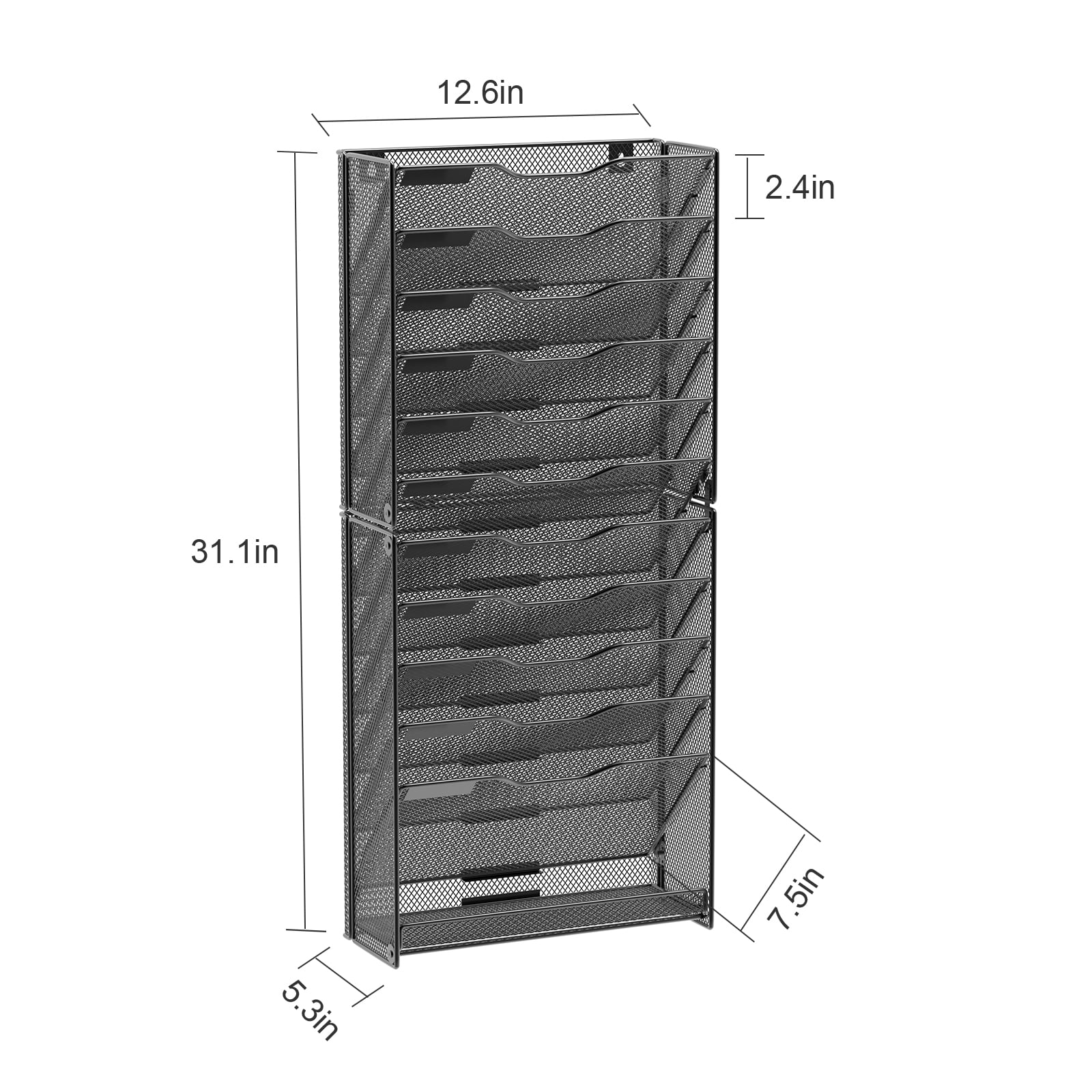 Samstar 12 Tier Wall File Organizer, Hanging Wall Mount File Holder Paper Folder Mail Organizer, Mesh Metal, Black.