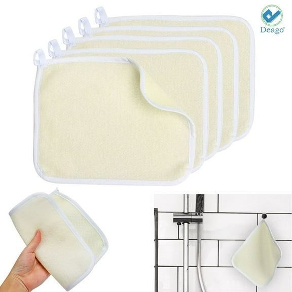 Deago 5 Pieces Exfoliating Face and Body Wash Cloths Towel Dual-Sided Weave Bath Cloth Exfoliating Scrub Cloth Massage Bath Cloth for Women and Men (Beige)