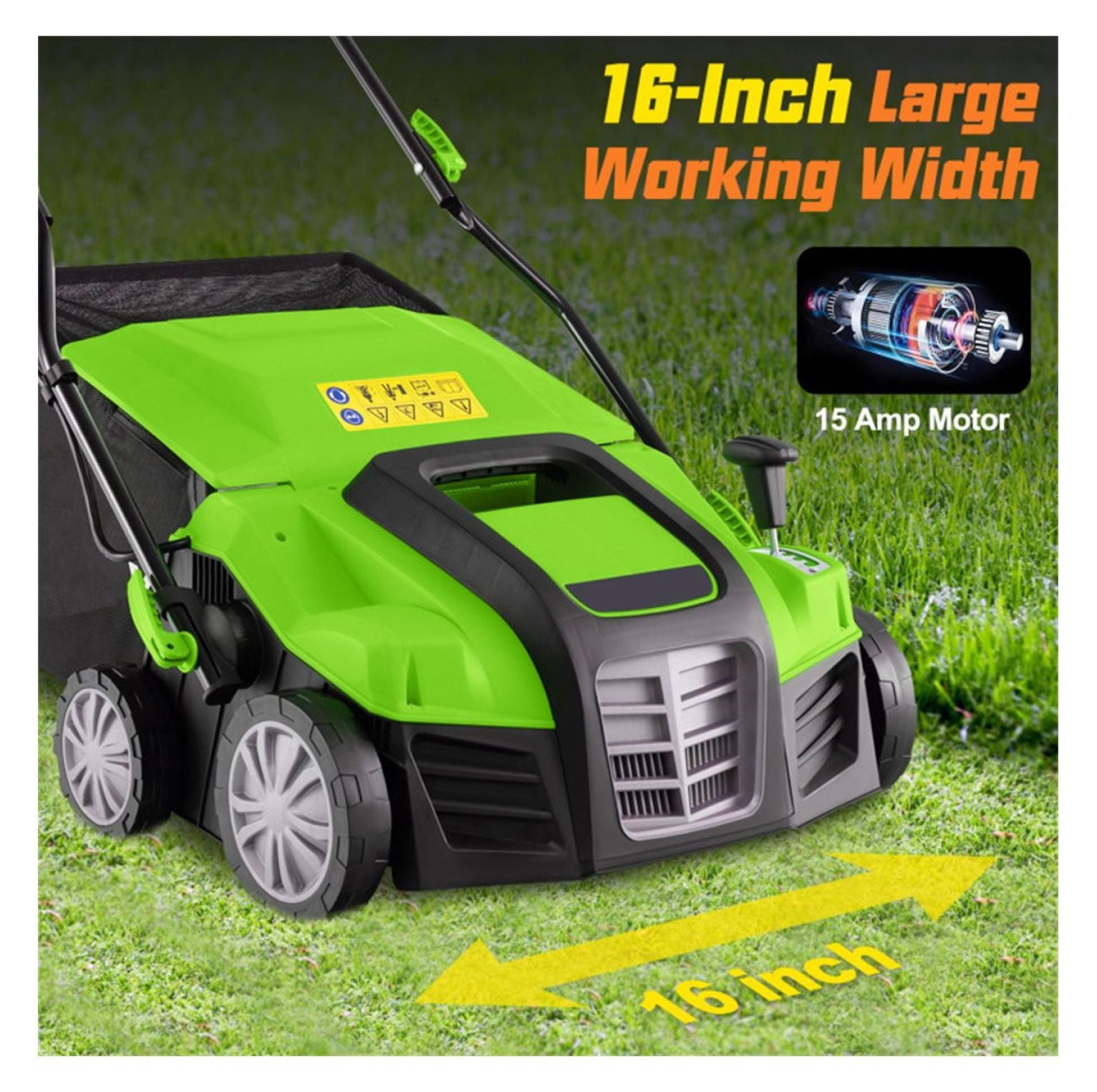 Electric Lawn Dethatcher, 16-Inch Corded Scarifier, 2-in-1 Adjustable Dethatching Machine with Grass Bag for Lawn Care - Green