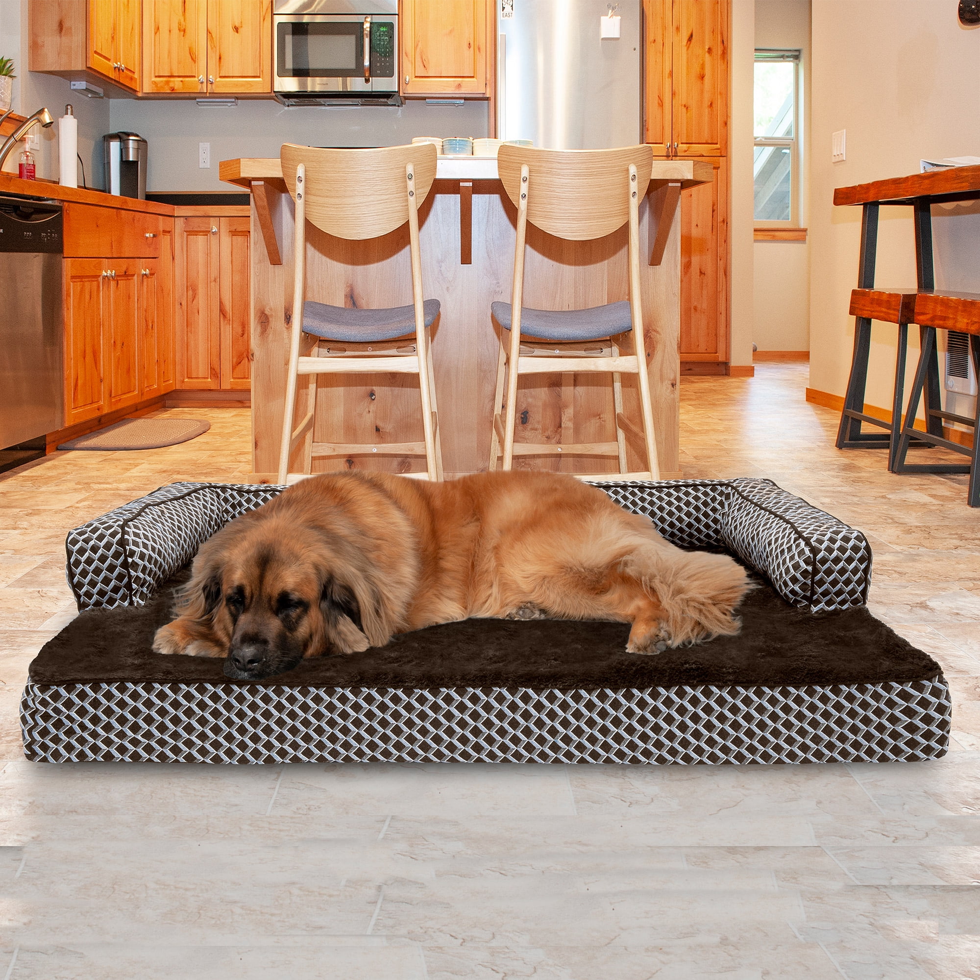 FurHaven Pet Products Plush & Decor Comfy Couch Cooling Gel Top Short Sided Sofa Pet Bed for Dogs & Cats - Diamond Brown, Jumbo Plus