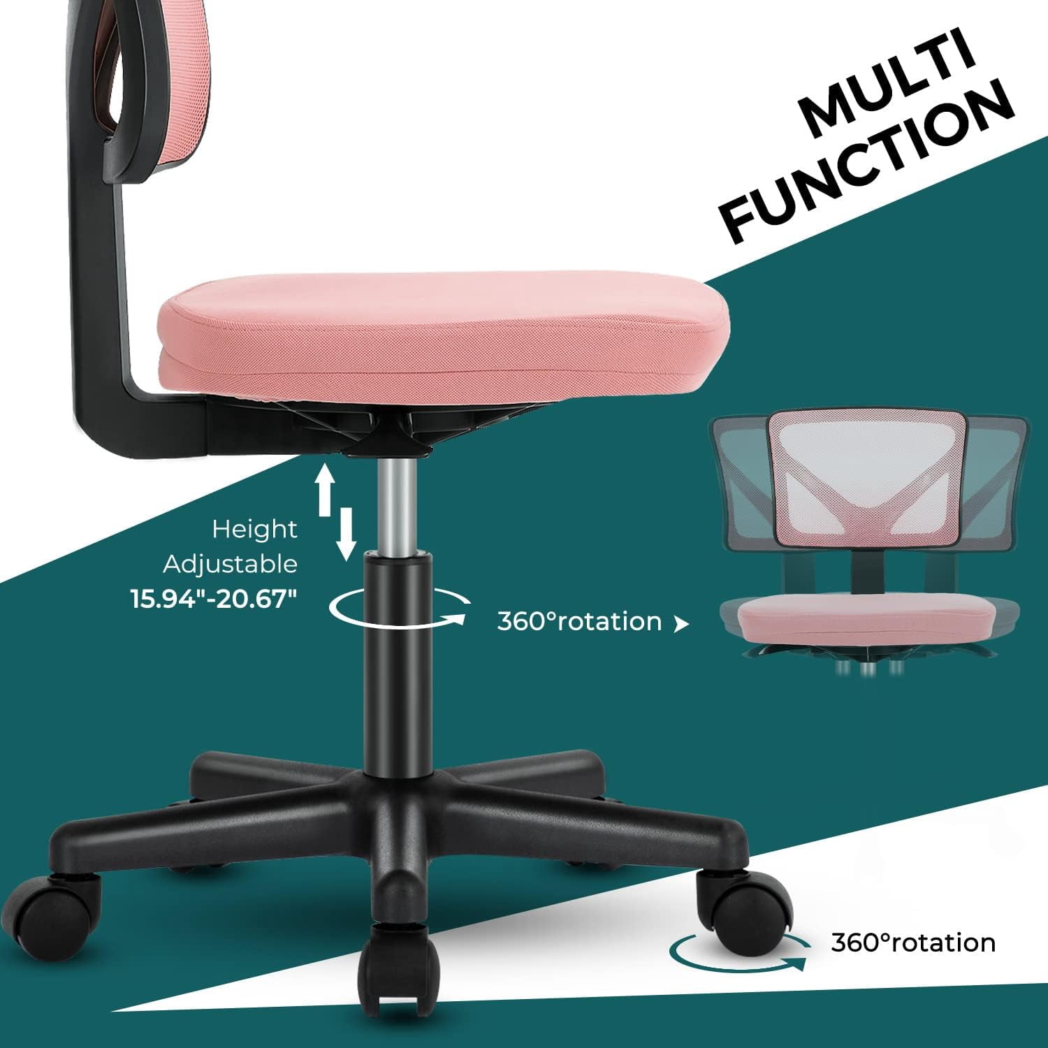 Armless Mesh Office Chair, Ergonomic Low-Back Swivel Desk Chair with Wheels and Lumbar Support, Height Adjustable, Pink