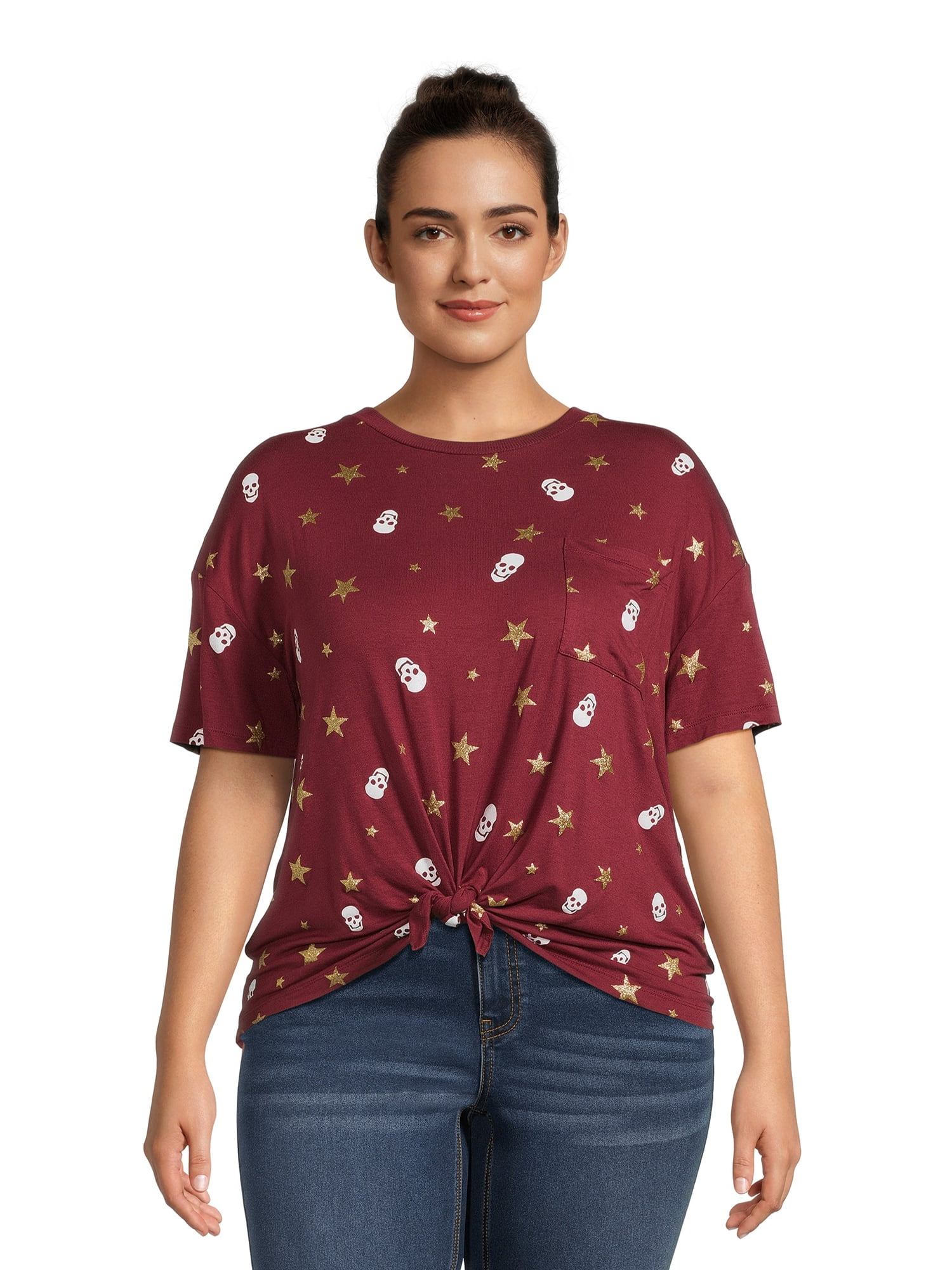 No Boundaries Juniors Plus Size Tie Front Print T-Shirt - Walmart.com