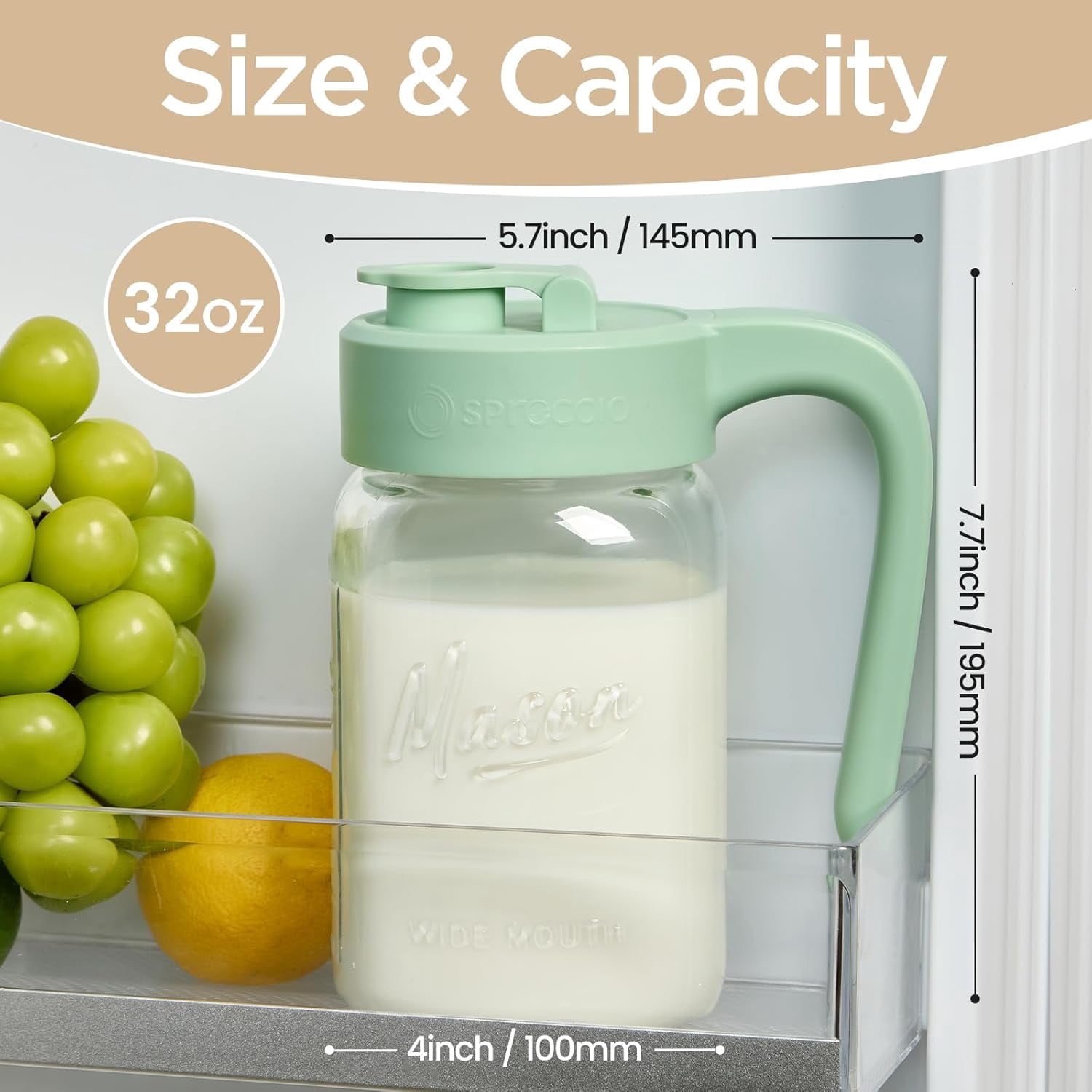 32 oz Glass Pitcher with Lid, 1 Quart Mason Jar Pitcher with Lid Airtight, Breast Milk Storage for Fridge, Ideal for Cold Brew Coffee, Iced Tea, Sun Tea, Juices
