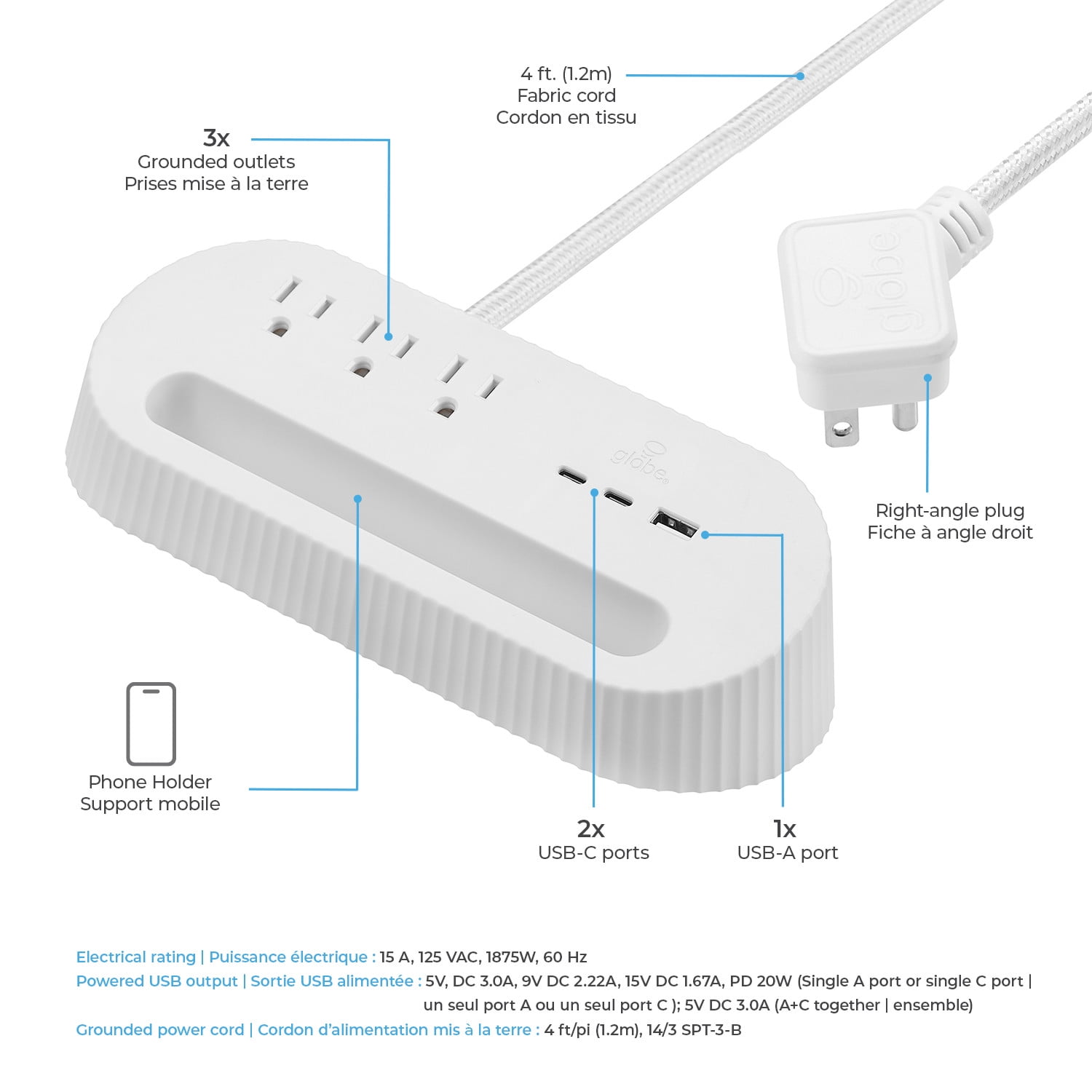 Globe Electric 3-Outlet White Desktop Charger and Phone Holder with 1x USB-A Port and 2x USB-C Ports