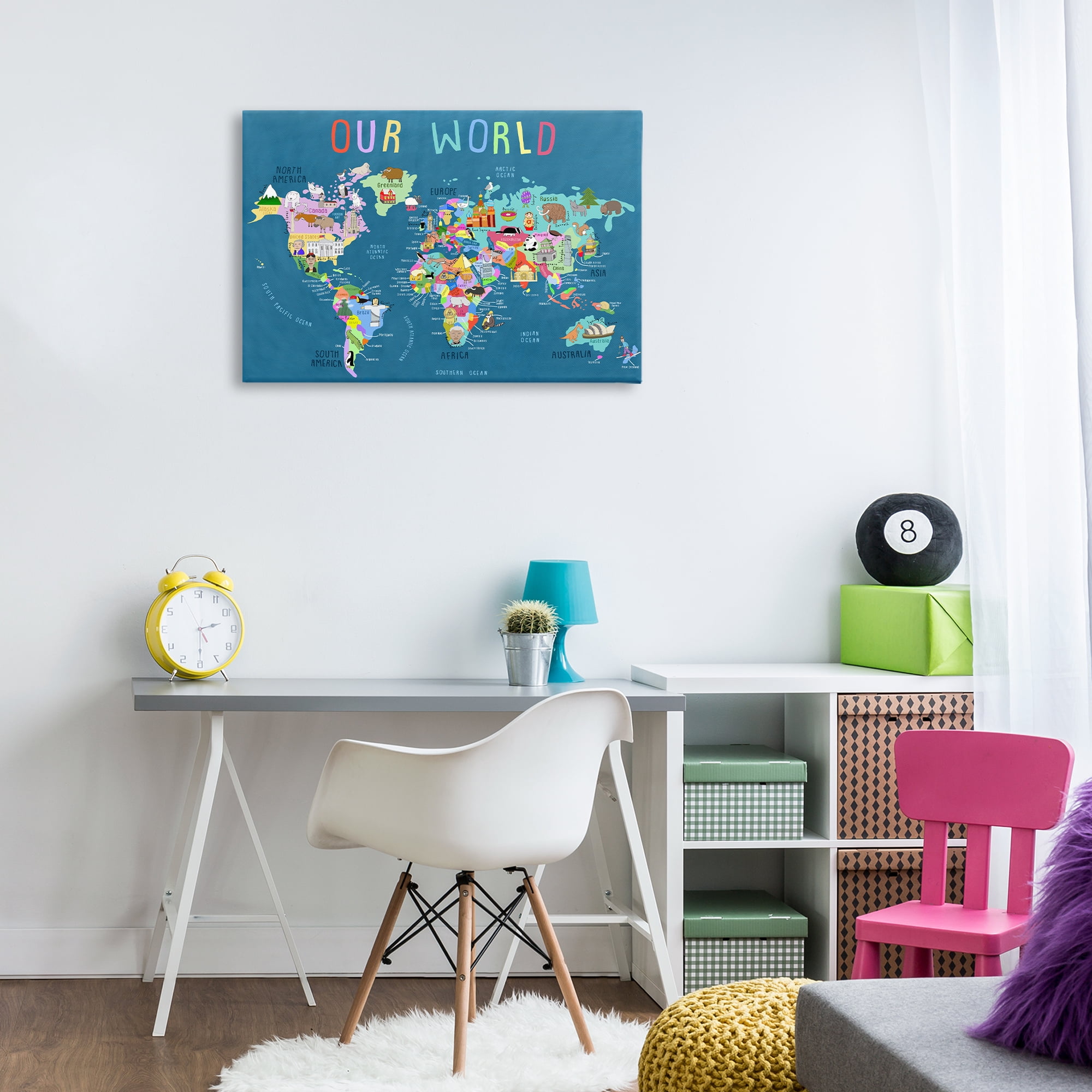 Stupell Industries Our World Map Education Painting Wrapped Canvas Art Print Wall Art, 30 x 20