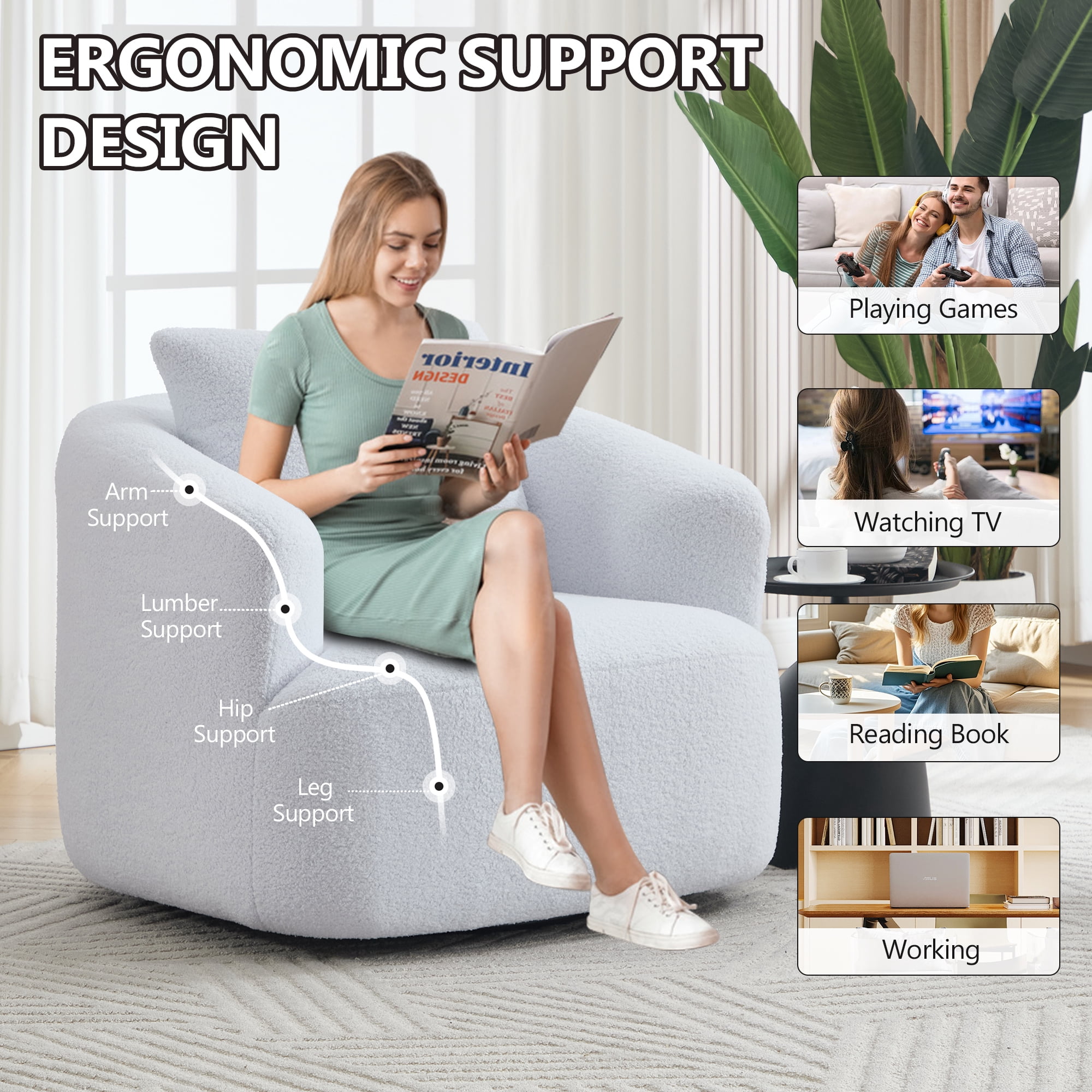 Swivel Accent Chair,360° Round Upholstered Armchair with One Soft Pillow,Teddy Fleece High-Resilience Sponge Single Sofa for Living Room, Bedroom, Apartment,No Assembly,White