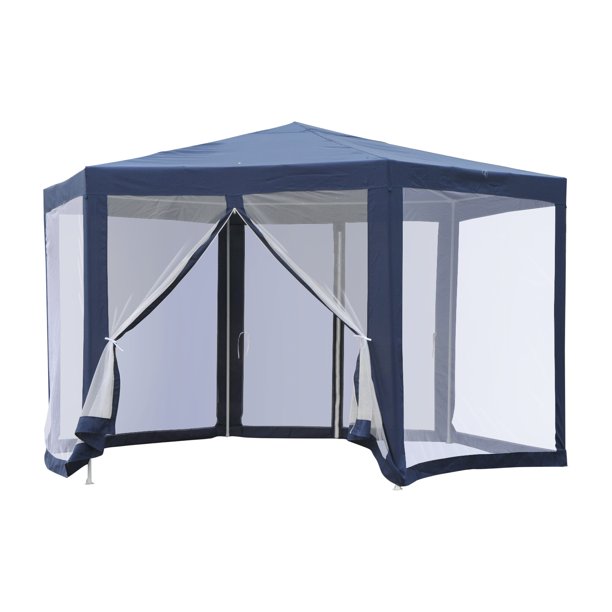 Outsunny Outdoor Hexagon Sun Shade Canopy Tent with Mesh Screen Walls