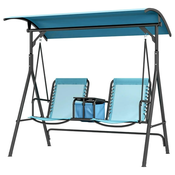 Resenkos 2-Person Swing With Canopy, Storage, Cup Holder, Blue, Outdoor Porch Seating, Blue