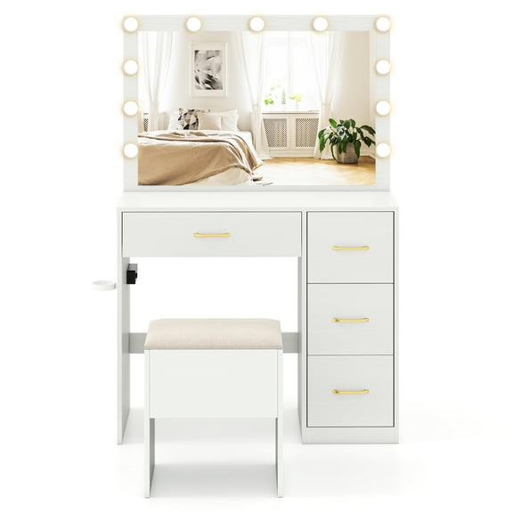 Gymax Vanity Desk with Mirror & Lights Dressing Table w/ Storage Stool Makeup Table