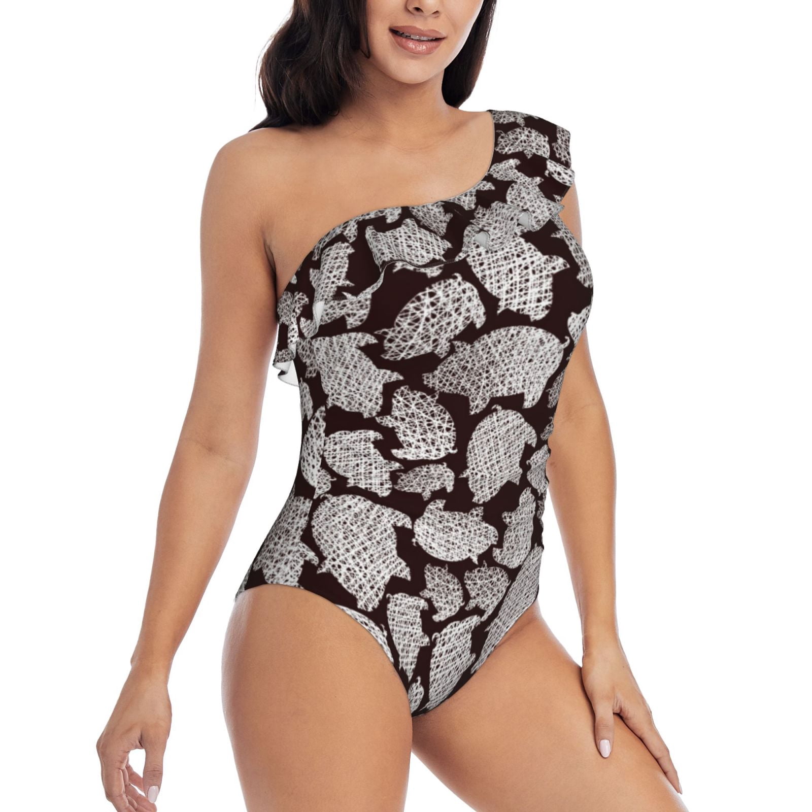 Rateoe Hand Drawn Pig Pattern Women One Piece Swimsuits Tummy Control One Shoulder Bathing Suits Ruffle Swimwear-Large