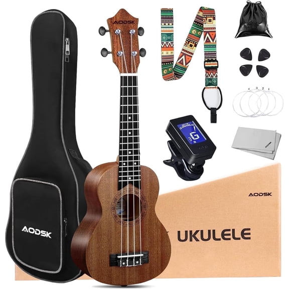AODSK 21" Soprano Ukulele Kit with Case, Clip-On Tuner, Strap, Nylon Strings, Picks, Online Lesson, Ukelele Beginner Series AUS-P08