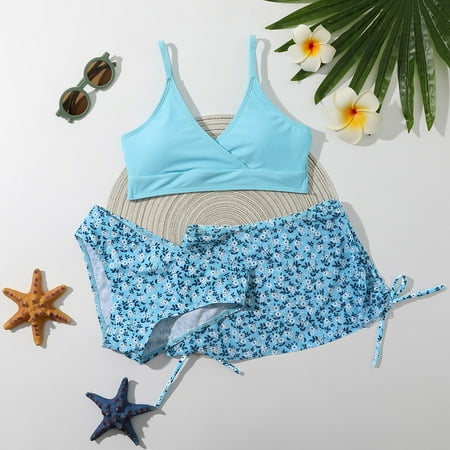 Gyratedream Big Girls Floral Print 3-Piece Swimsuits Child Bikini Bathing Suit with Cover Up Beach Skirt