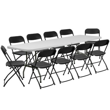 Ktaxon 6ft White Folding Table and 10 Pack Folding Chairs Black, Plastic Table and Chair Set