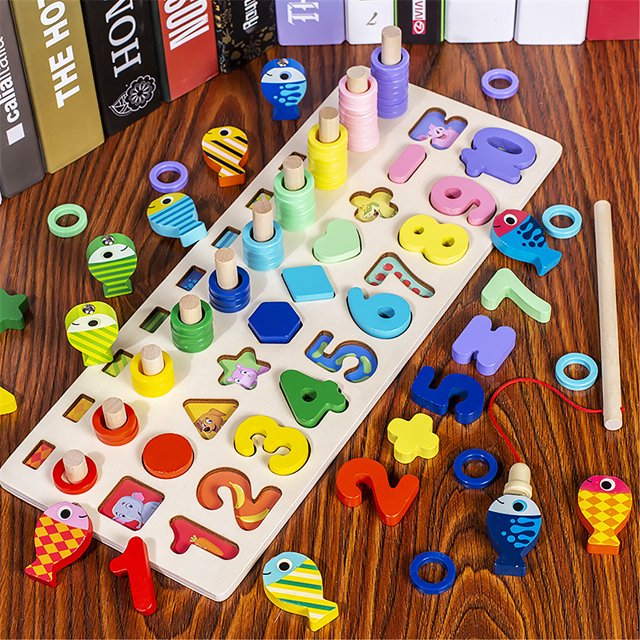 Juguetes de pesca de madera para niños, bloques de apilamiento de números, juguetes educativos tempranos para niños, placa logarítmica de pesca 5 en 1 Inevent FN0391-02B