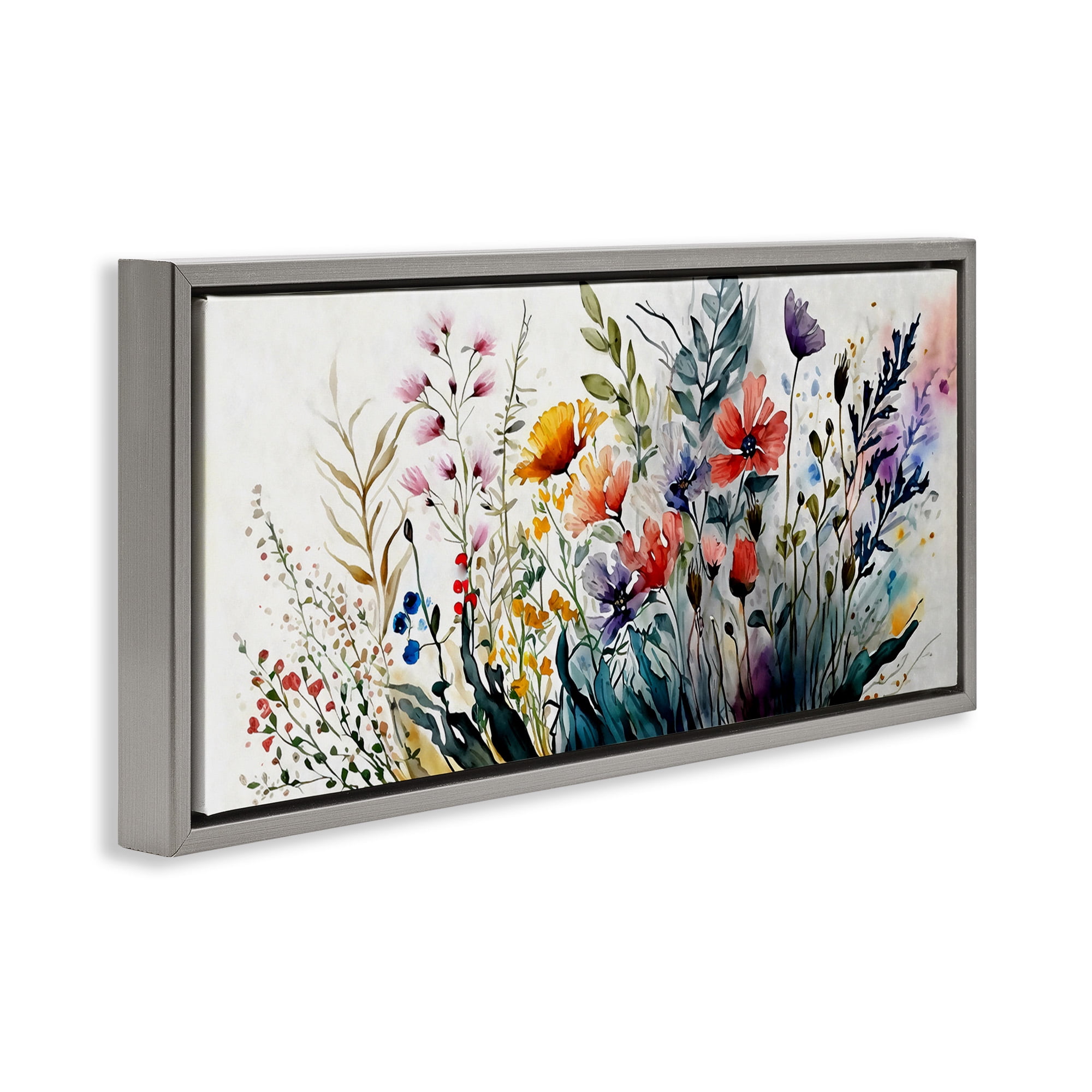 Stupell Industries Bold Floral Hues Blooming Nature Botanical & Floral Painting Gray Floater Framed Canvas Art Print Wall Art, 31 x 14