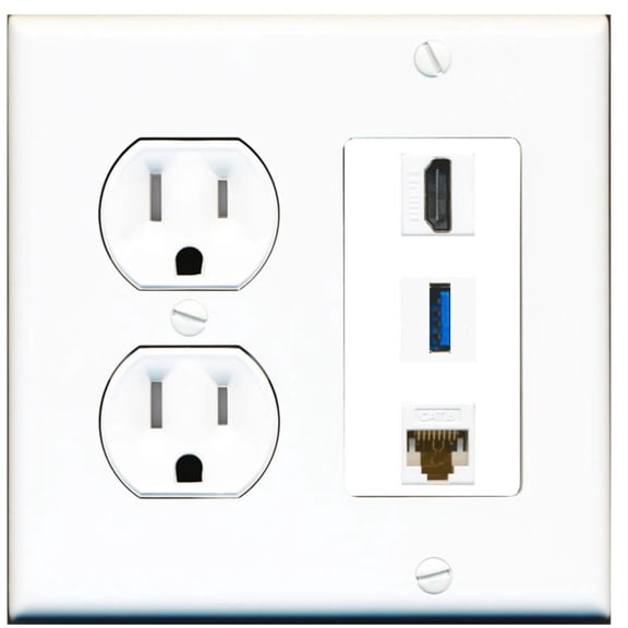 Ultra Spec Cables 1 Port HDMI USB 3.0 A-A Cat6 Wall Plate w/Tamper Resistant Power Outlet