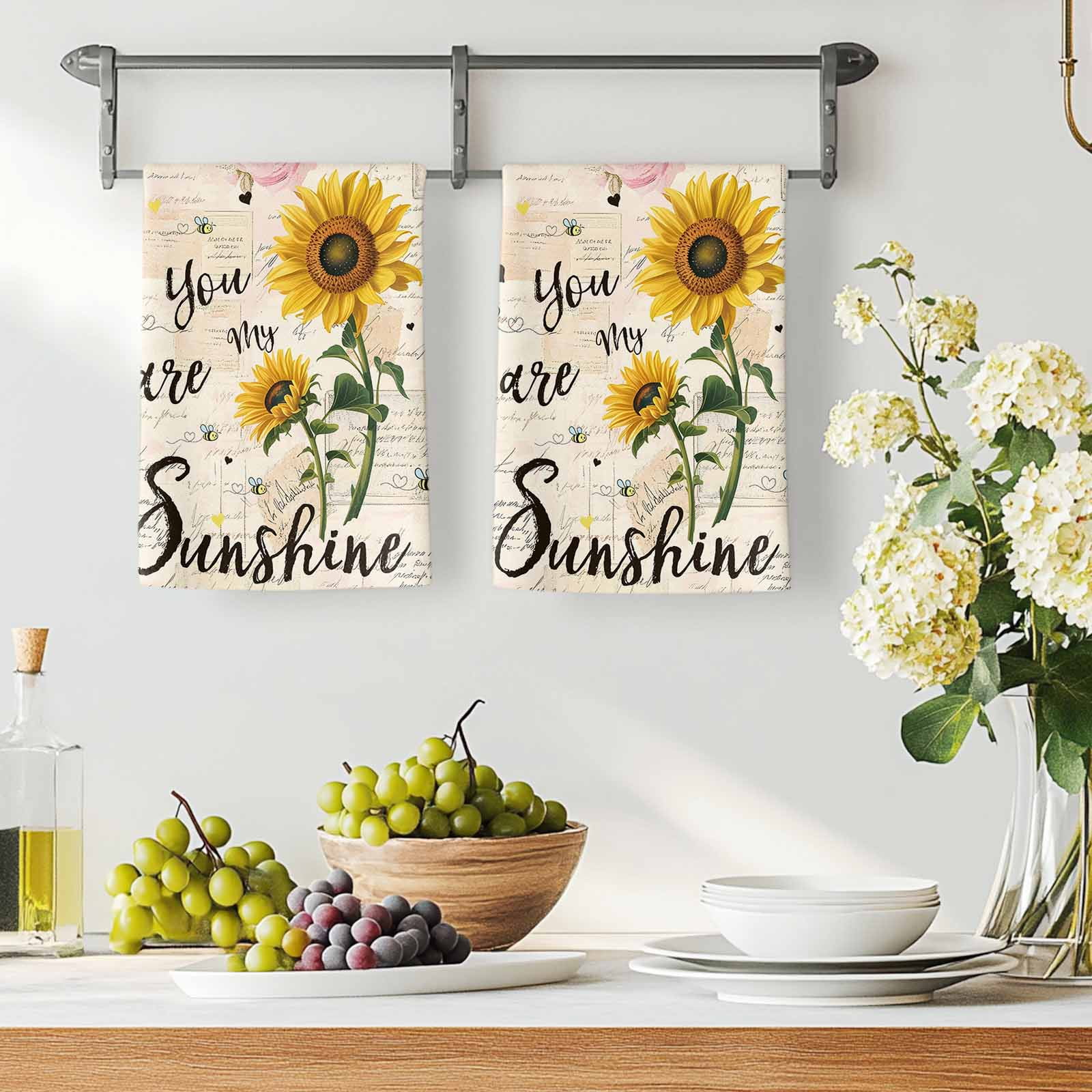 Dish Towels, Bee Sunflower Absorbent Kitchen Towels 2 PCS, Vintage You Are My Sunshine Microfiber Hand Towels Dish Cloths Tea Towels for Home&nbsp;Bathroom Cleaning Drying,18X28-Inch,