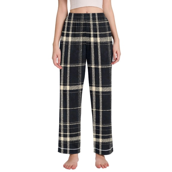 Dailycode Women's Pajama Pants Wide Leg Lounge Pj Bottoms With Pockets Dark Navy Blue Plaid