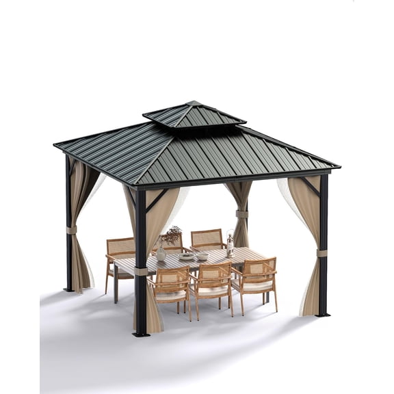 Hardtop Gazebo 12x12 Ft for All Weather, with Double Metal Roof, Aluminum Alloy Frame, Net, and Curtain, Permanent Building for Patio, Deck, Backyard, Lawn, and Garden