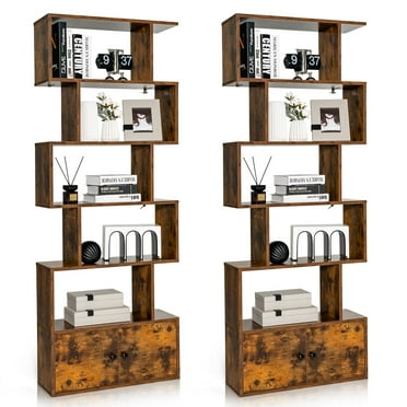 Giantex 2PCS 6-Tier Geometric Bookcase  w/Cabinet, Freestanding Display Shelves  w/Anti-Tipping Device, Wood S-Shaped Bookshelf, Brown