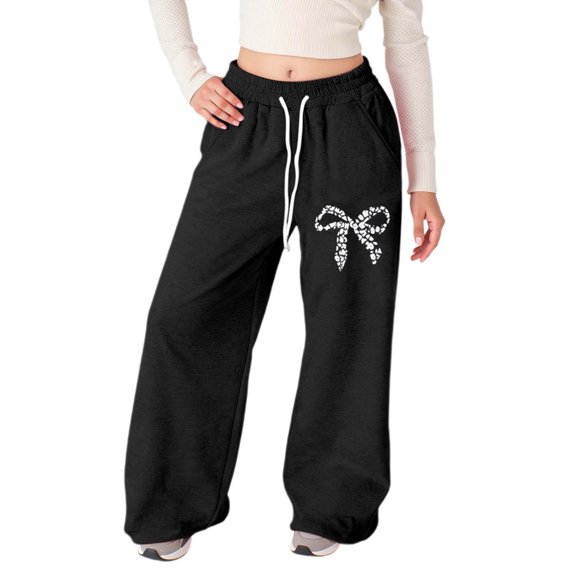 lnmuld Girls Leopard Dot Bow Print Wide Leg Sweatpants Solid Fabric Elastic Waist Dual Side Pockets Soft Knit Girly Casual Trousers Color:Black,Size:8-9 Years