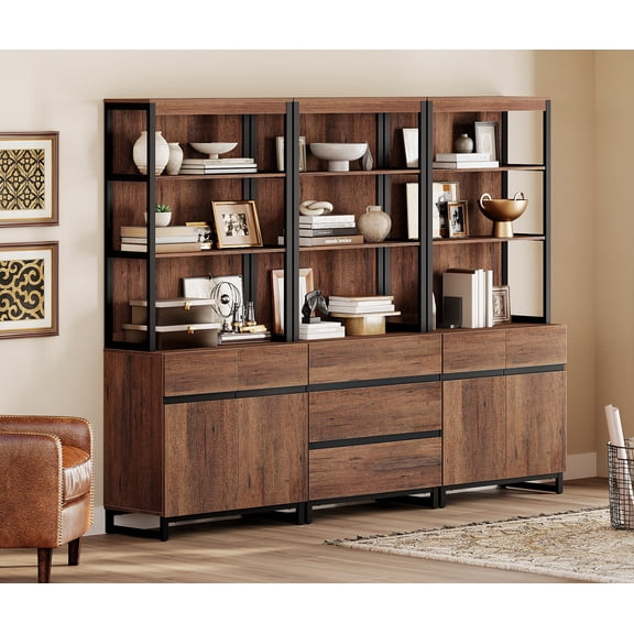 WAMPAT 3 PCS Modern 72" Tall Bookcase with 3 Drawers and Adjustable Shelves, Library Book Shelf with Storage Cabinet and Open Shelving, Freestanding Bookshelves for Home Office, Living Room, Brown