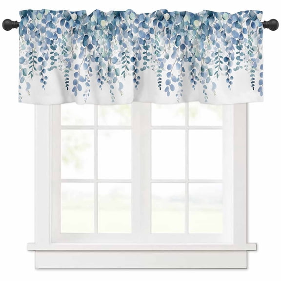 Rod Pocket Window Valances Summer Blue Eucalyptus Leaves Short Kitchen Curtains Watercolor Botanical Window Treatment Drapes for Bedroom Bathroom Living Room 54x18In,1 Panel