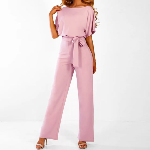 Levmjia Womens Jumpsuits Plus Size Clearance Rounk Neck Solid Summer Bandag Short Sleeve Pants Jumpsuit