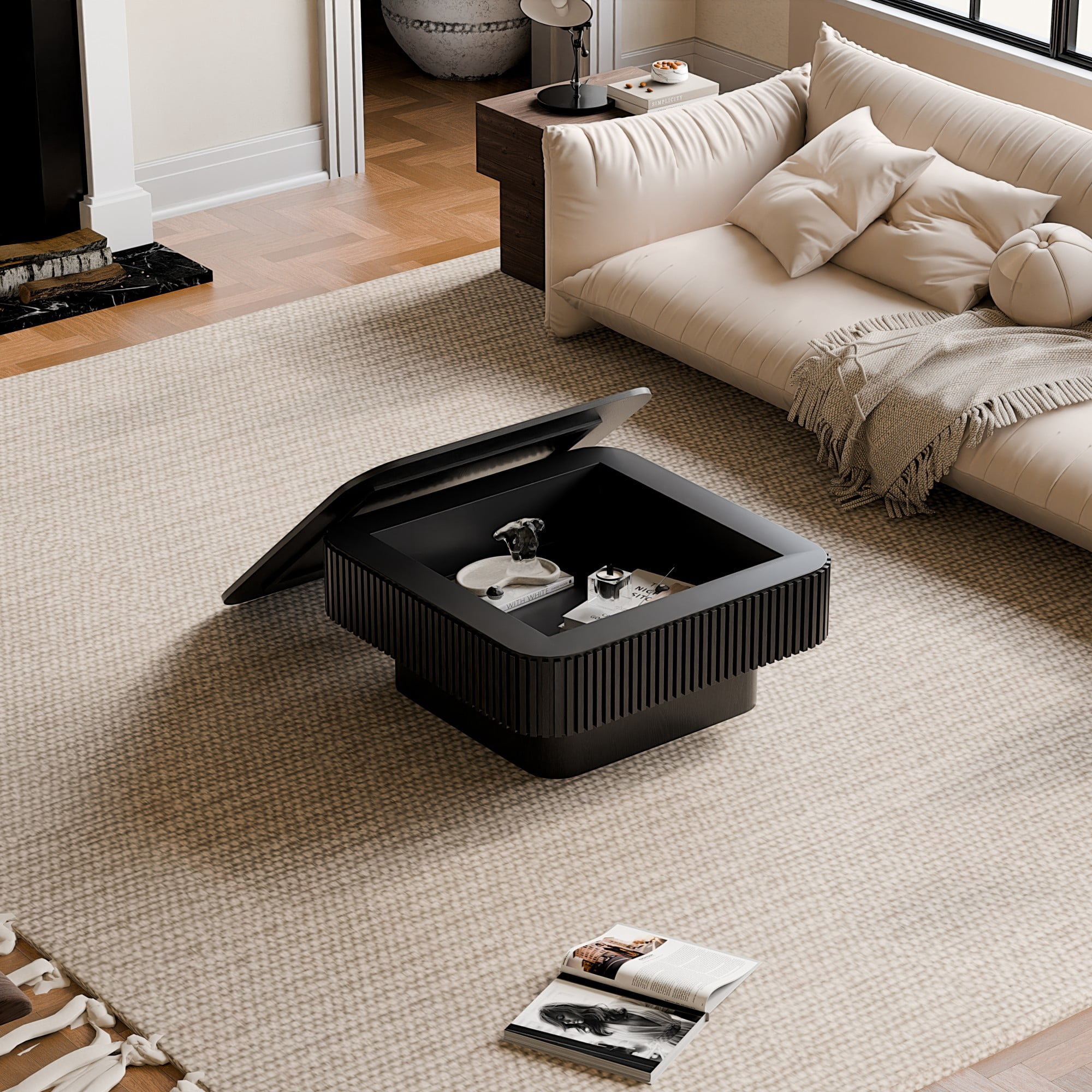 31.5" Square Coffee Table with Storage, Modern Fluted Coffee Table with Hidden Compartment, Wood Veneer Center Table for Living Room, Black