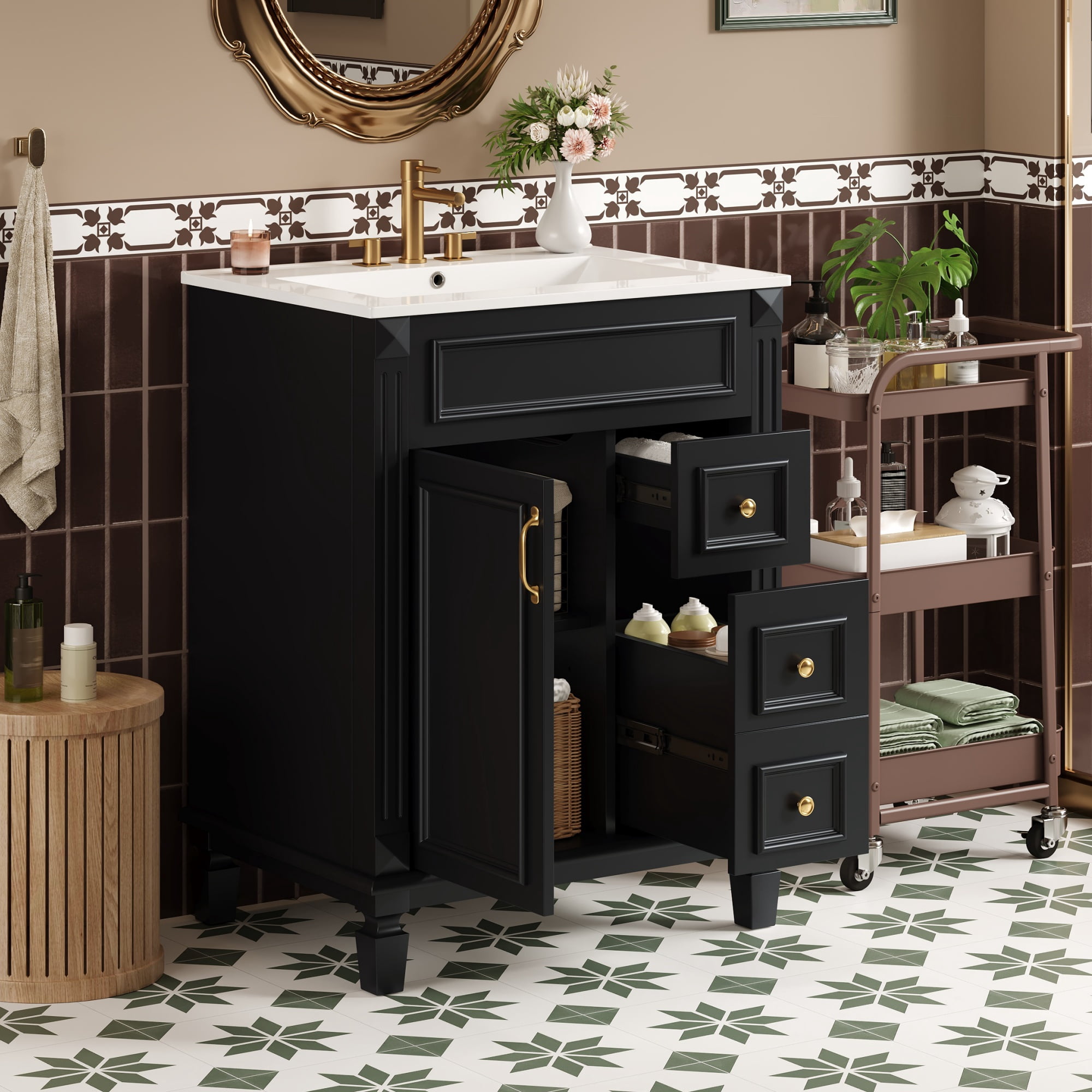 Euroco 24" Bathroom Vanity with Ceramic Sink, Small Bathroom Sink Cabinet, Modern Cabinet with 2 Drawers and Adjustable Shelf