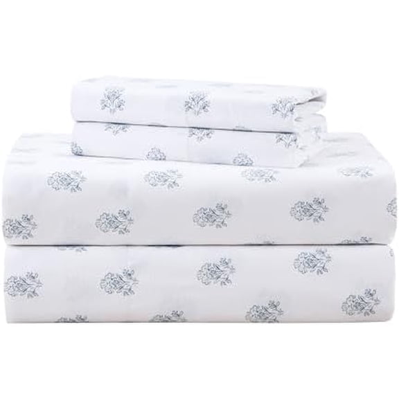 100% Cotton Sheets Cal King, Breathable, Naturally Cool Cotton Sheets, Soft Cotton Bed Sheets with 14" Elastic Pocket Fits up to 16" Mattress, All Seasons Sheet Set, Floral Blue 4 Piece