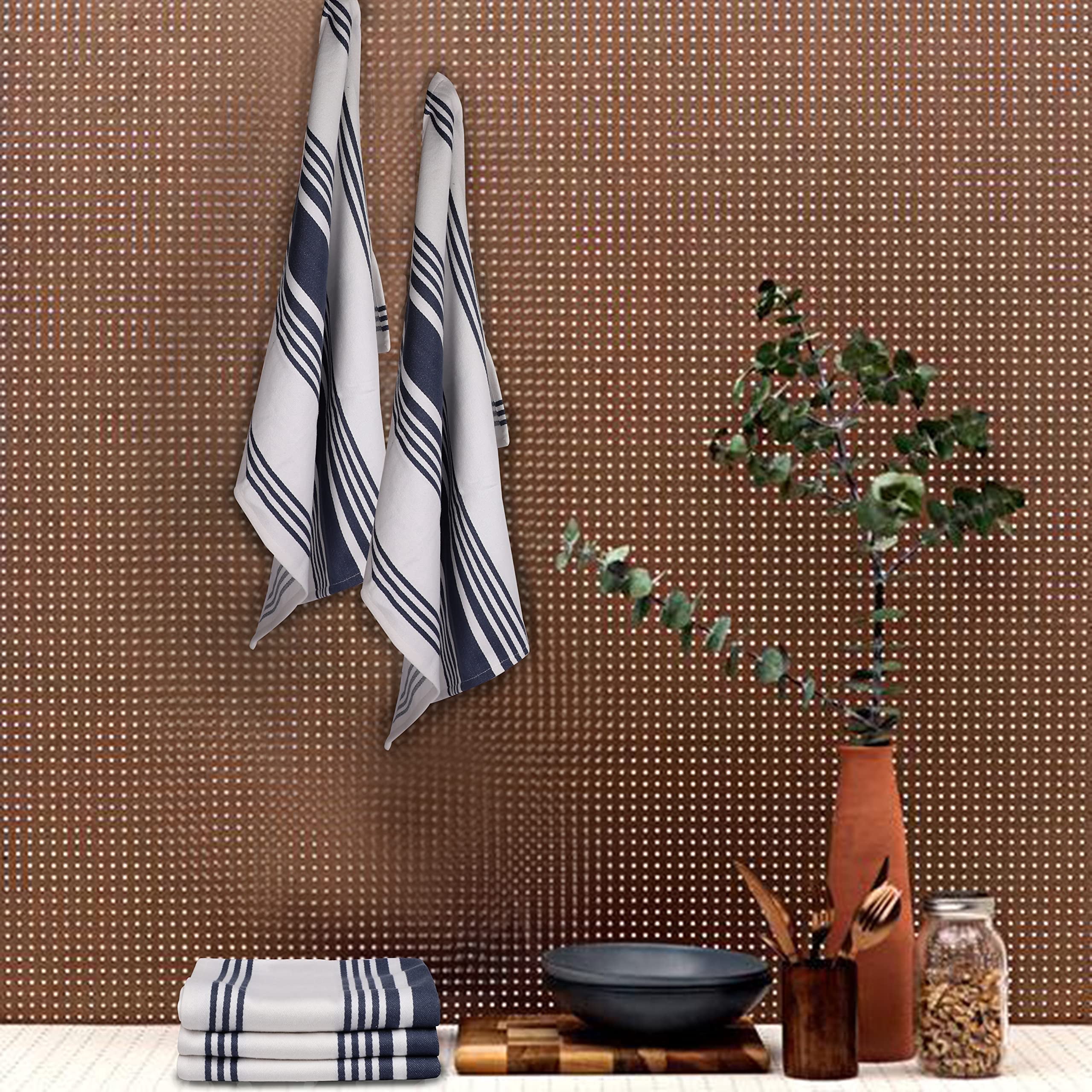 Urban Villa Kitchen Towels 100% Cotton Pack of 6, Highly Absorbent Quick Drying Super Soft Premium Dish Towels for Kitchen with Hanging Loop Hand & Tea Towels - 20x30 Inch, (Blue & White, Striped)