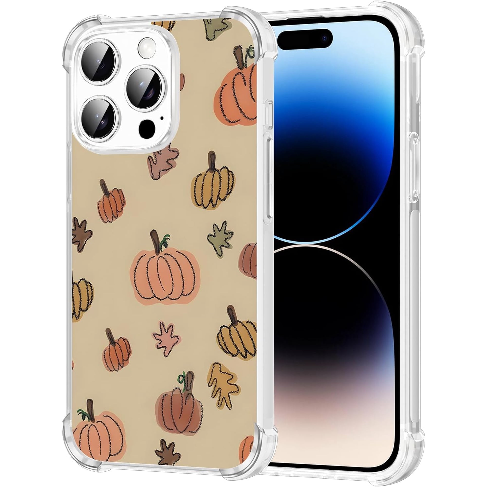Fall Phone Case for iPhone 14 Pro Cute Clear Autumn Pumpkin Case 6.1 Aesthetic Halloween Pattern Print Design Cover Shockproof Soft TPU Hard PC Back Bumper Protection Funda for Girls Women
