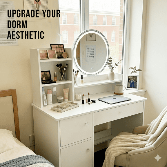 Makeup Vanity Desk with Lighted Mirror, White Dressing Table with Large Storage, Drawer and Cabinets for Bedroom